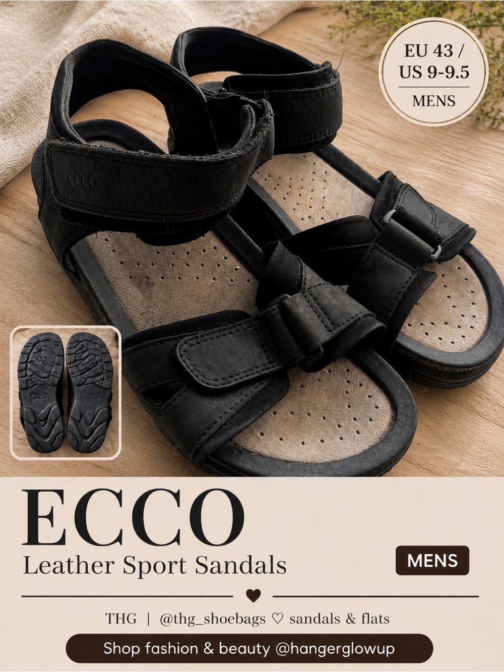 ECCO Leather Sport Sandals Black Adjustable Comfort Walking EU 43 US 9.5